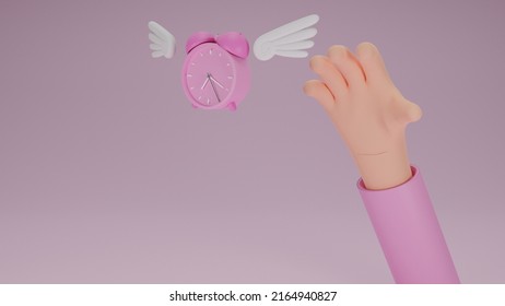 vintage ringing alarm clock with wings flying escape away from a hand of business.business income concept.deedline, lack of time.3d render illustration.