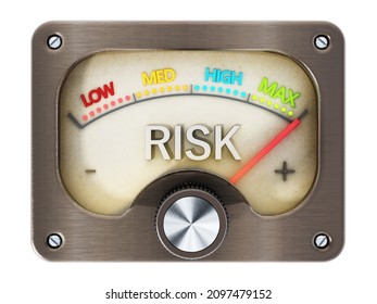 Vintage risk meter pointing maximum risk isolated on white background. 3D illustration.