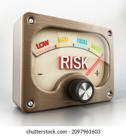 Vintage risk meter pointing maximum risk isolated on white background. 3D illustration.