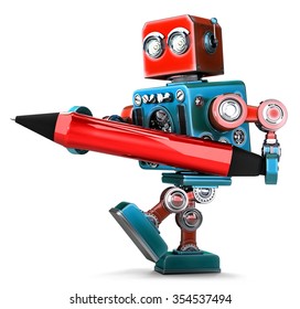 Vintage Robot Writing With Red Pen. Isolated. Contains Clipping Path