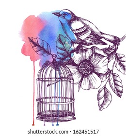 Vintage romantic card with bird, cage, flower and watercolor spot. Raster hand drawn illustration.