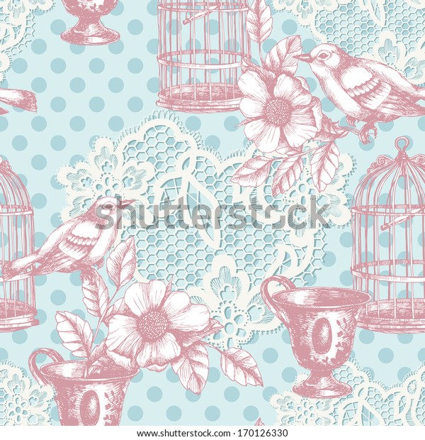 Vintage romantic seamless pattern with bird, cage, flower and lace. Raster hand drawn illustration.