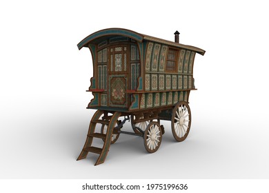 Vintage Romany gypsy caravan decorated with turquoise and green flower designs parked with steps leading to the door. 3D illustration isolated on a white background.
