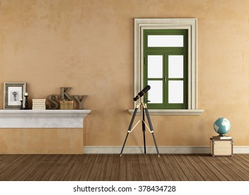 Vintage Room With Closed Window And Telescope - 3D Rendering