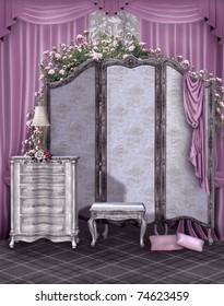 Vintage Room With A Dressing Screen And Pink Curtains