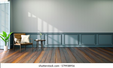 Vintage Room Interior Design ,leather Armchair On Wood Floor And Blue Wall / 3d Render