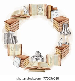 Vintage round frame with books, lamp, call, mouse, clock and flowers. Watercolor and graphic hand drawn illustration