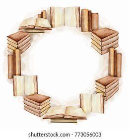 Vintage round frame with books. Watercolor hand drawn illustration