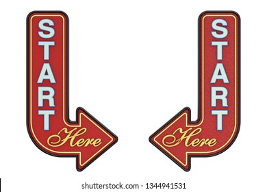 Vintage Rusty Metal Start Here Arrow Sign On A White Background. 3d Rendering 