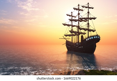 Vintage sailboat in the sea at sunset.3d render