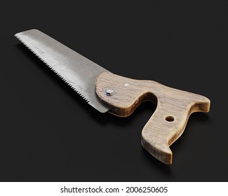 Vintage Saw With Wooden Handle. Close-up 3D Render Of Old Saw.