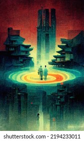 Vintage Science Fiction Poster Of An Abstract City Environment With Two Persons In The Middle, Digital Illustration