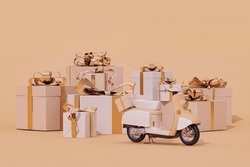 Vintage Scooter With Gift Box For Happy Holiday Background On Pastel Peach Fuzz Background. 3d Render