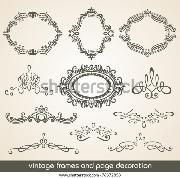 Vintage scrolls and frame. Design elements and page\
decoration. Set.