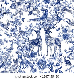 Vintage Seamless Design With Floral And Wild Animal. Fairytale Forest. Hand Drawn Pattern Roses Flower Line Graphics. Fashion Textile Design Indigo Color. 