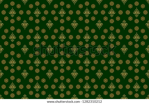 Vintage\
seamless pattern for decoration, fabric or textile. Decorative\
raster golden elements with green\
backdrop.