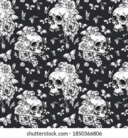 Vintage Seamless Pattern With Goth Skull, Butterdlies And Flowers On Black Background. Dead Of The Dead Texture.