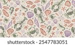 Vintage seamless pattern with lobsters, crabs, oysters and shimps. Retro seamless pattern of seafood.