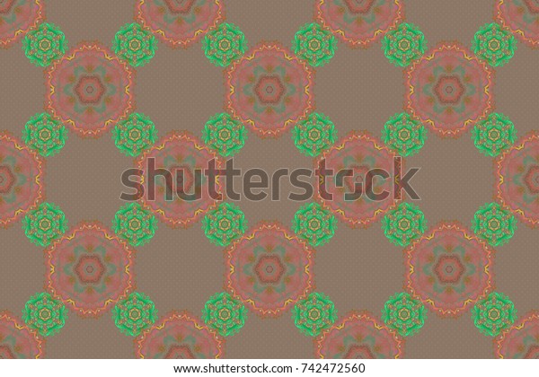 Vintage\
seamless pattern with orange, green and brown repeating elements.\
Oriental abstract raster classic\
pattern.