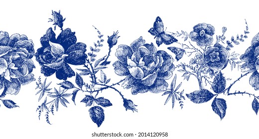 Vintage seamless pattern with roses flower line graphics. fashion textile design Indigo color. 