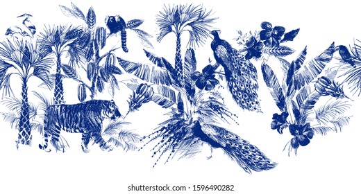 Vintage seamless pattern with tropical floral and wild animal. jungle forest. hand drawn line graphics. elephant, tiger, peacock, toucan, monkey illustration. fashion textile design Indigo color. 