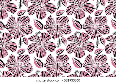 Vintage seamless tropical hibiscus flowers. Pattern on a white background in pink and black colors.