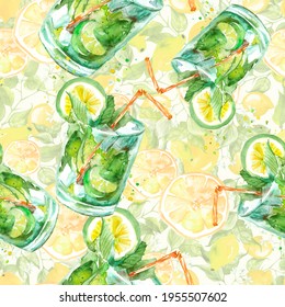Vintage seamless watercolor pattern - hand drawing threads of lemon, lime with leaves. Seamless watercolor pattern with a drink, cocktail with lemon, ice, mojito, smoothies. Painting Citrus fruits.