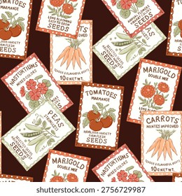 Vintage Seed Packets Seamless Pattern with Heirloom Vegetables and Flowers for Textile and Wallpaper Backgrounds