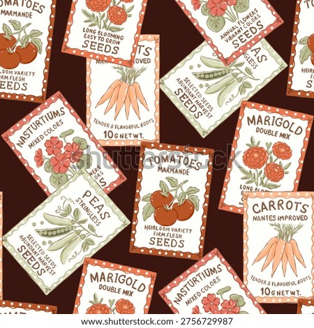 Vintage Seed Packets Seamless Pattern with Heirloom Vegetables and Flowers for Textile and Wallpaper Backgrounds