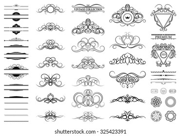Vintage Set Decor Elements. Decoration For Logo, Wedding Album Or Restaurant Menu. Elegance Old Hand Drawing Set. Ornate Swirl Leaves, Label, Curved Lines And Decor Elements In Raster.