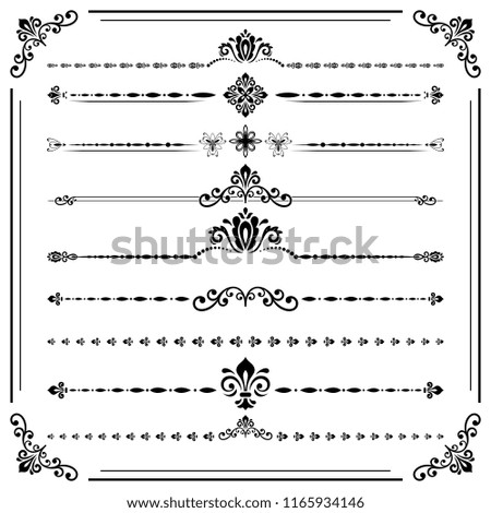 Vintage set of decorative elements. Horizontal separators in the frame. Collection of different ornaments. Classic patterns. Set of vintage black and white patterns