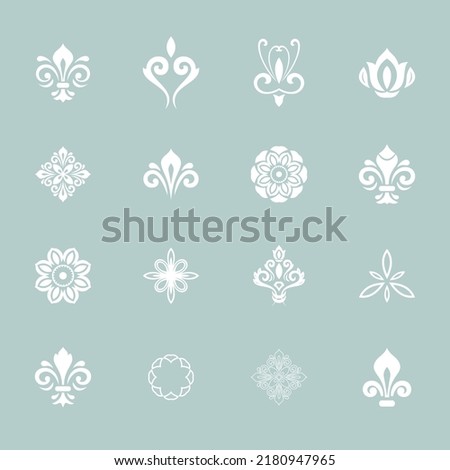 Vintage set of decorative white elements. Different elements for backgrounds, frames and monograms. Classic patterns. Set of vintage patterns