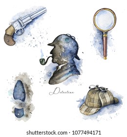 Vintage Set With Hat, Magnifier, Pistol, Footprint And Silhouette Of Sherlock Holmes On White Background. Watercolor Hand Drawn Illustration