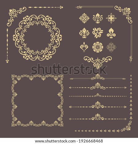 Vintage set of horizontal, square and round elements. Different elements for backgrounds, frames and monograms. Classic golden patterns. Set of vintage patterns