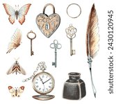 Vintage set with pocket watch, keys and lock, feather pen, inkwell, butterfly and moth. Hand drawn watercolor illustration. Retro clip art of design elements isolated. For scrapbooking, card, sticker.