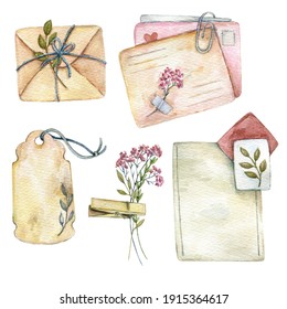 Vintage Set. Stack Of Old Letters, Envelopes, Vintage Sheet Of Paper, Notes With Flowers, Clothespin. Romantic Watercolor Illustration For Stickers, Scrapbooking, 14 February, Mothers Day.