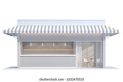 Vintage Shop On White Background  3d Rendering Image.Decorate With White Brick Wall,canvas Canopy And Curved Steel.  There Are A Clipping Path Around The Shop.