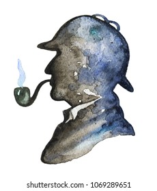 Vintage silhouette of Sherlock Holmes with smoking pipe and hat on white background. Watercolor hand drawn illustration