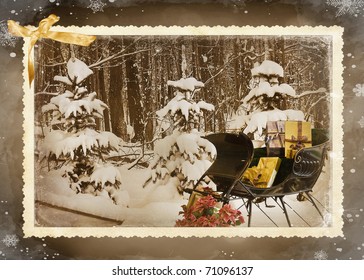 vintage sleigh with holiday gifts in woods