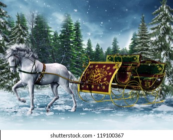 Vintage Sleigh And A White Horse In A Forest