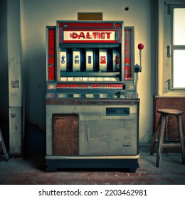 Vintage Slot Machine In Abandoned Restaurant