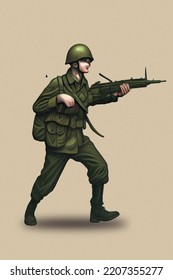 Vintage Soldier Cocept Art. Retro Style Soldier From The Mid 20th Century. Man Wearing All Green Military Clothes.