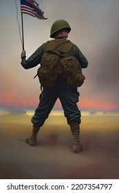 Vintage Soldier Concept Art. Retro Style Soldier From The Mid 20th Century. Man Holding An American Flag.