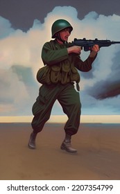 Vintage Soldier Concept Art. Retro Style Soldier From The Mid 20th Century. Charging Forward Into Battle.