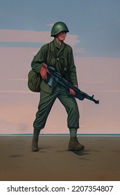 Vintage Soldier Concept Art. Retro Style Soldier From The Mid 20th Century. Getting Ready For Battle.