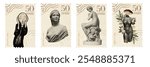 Vintage stamps featuring classic sculptures and art. Art on stamps with iconic sculptures. Classic art stamps with historical sculptures and designs. Vintage postage stamps isolated on white.