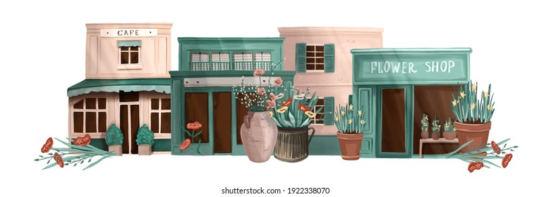 Vintage street with flowers in pots and green houses and shops. Watercolor hand-drawn illustration. Isolated objects on a white background