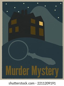 Vintage Style Art. House Silhouette And Magnifying Glass. Murder Mystery. 