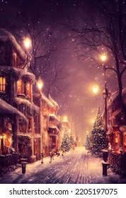 Vintage Style Christmas Scene At Night Victorian Street In The Snow With Street Lamps 3d Illustration