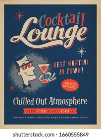 Vintage Style Cocktail Lounge Poster Illustration with Retro Offset Effects - Best Martini in Town!